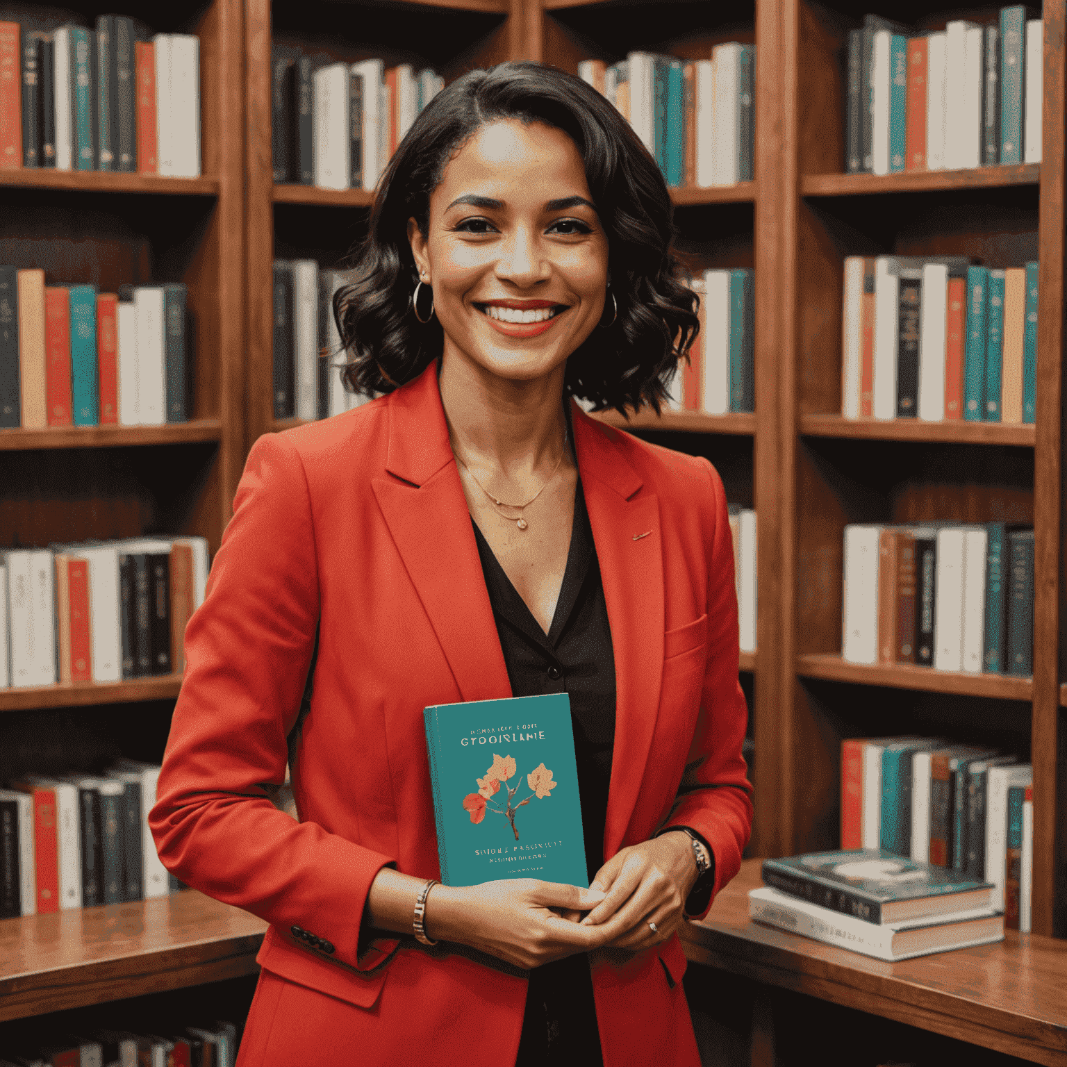 Simone Tebet sorrindo e segurando seu novo livro autobiográfico em um evento de lançamento. Ela está vestida elegantemente com um blazer vermelho e o fundo mostra uma estante de livros.