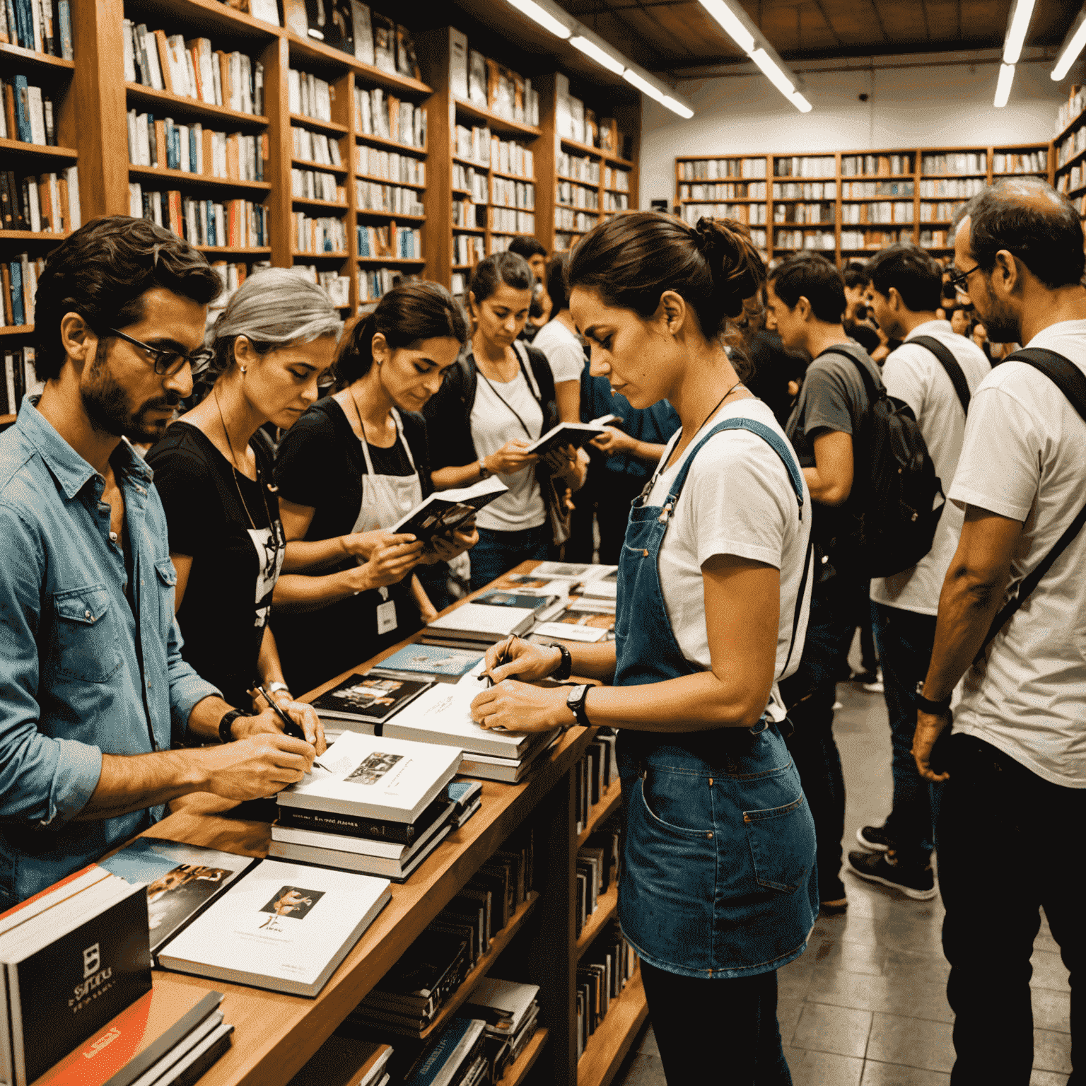 Simone Tebet assinando livros em uma livraria movimentada em São Paulo, com fãs fazendo fila