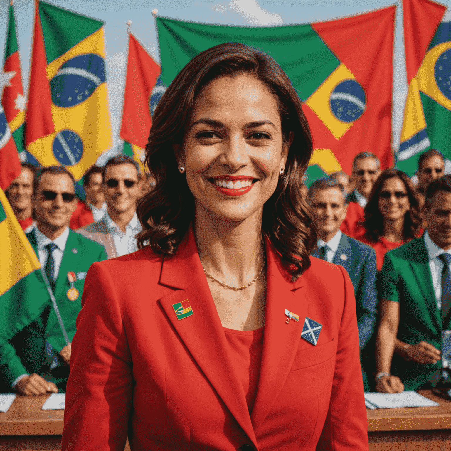 Imagem de Simone Tebet em um evento político, vestindo um terno vermelho e sorrindo para a câmera. Ao fundo, bandeiras do Brasil e logotipos de seu partido político.