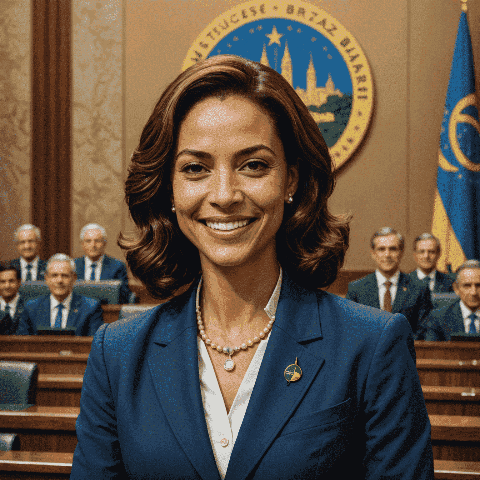 Retrato de Simone Tebet sorrindo, vestida formalmente em frente ao Congresso Nacional do Brasil