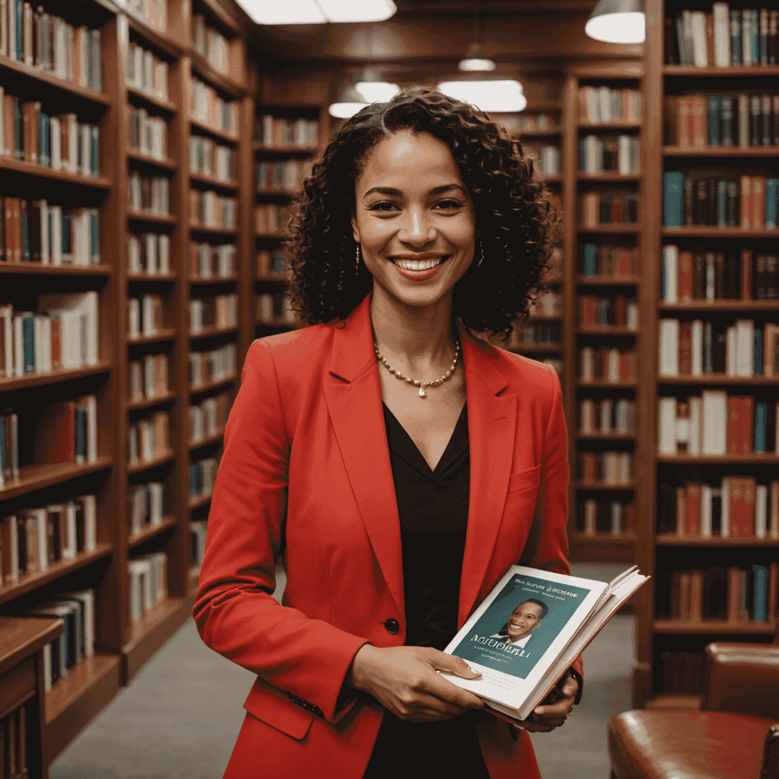 Simone Tebet sorrindo e segurando seu livro autobiográfico durante um evento de lançamento. Ela está vestida elegantemente com um blazer vermelho, em um cenário de biblioteca com prateleiras de livros ao fundo.