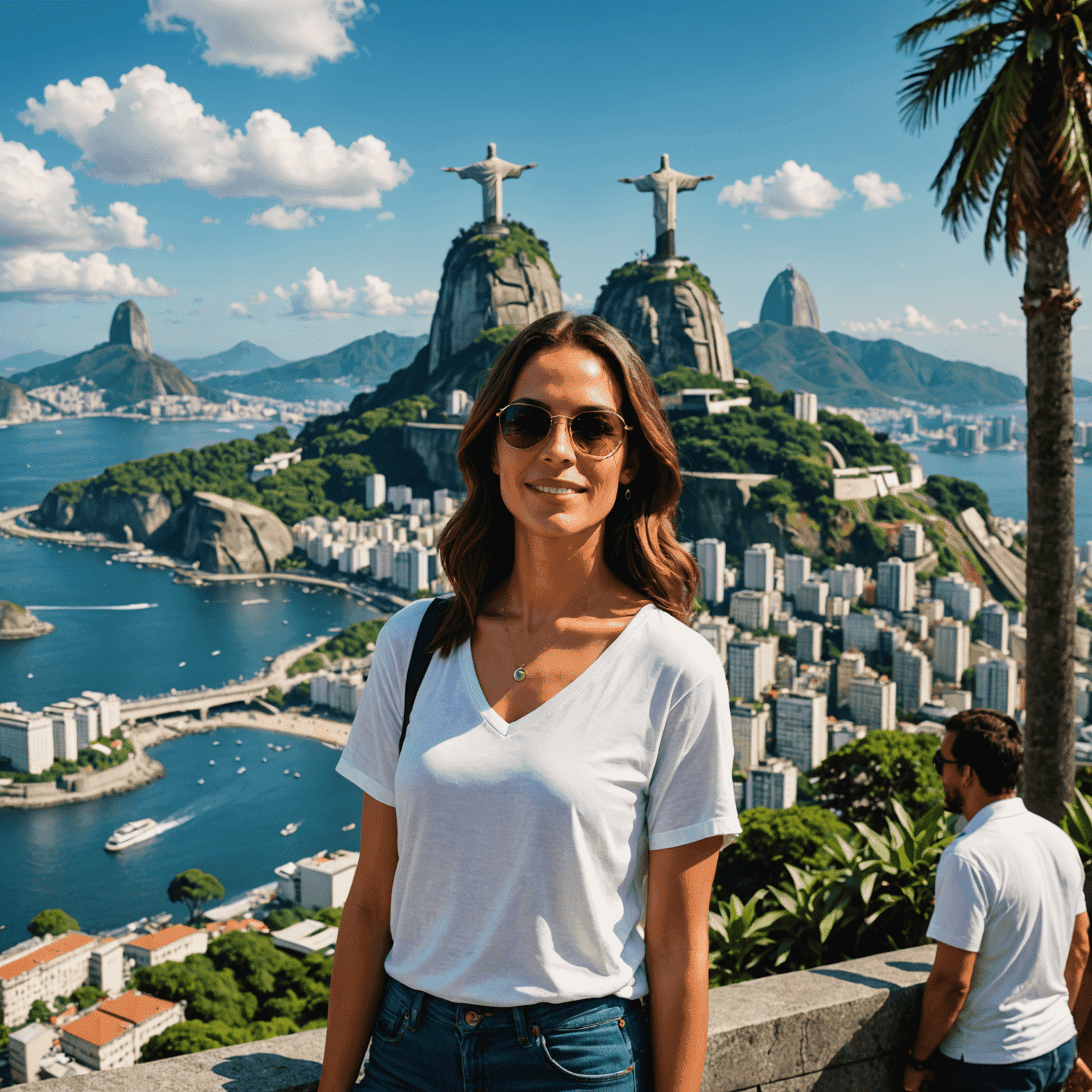 Simone Tebet em um evento ao ar livre no Rio de Janeiro, com o Cristo Redentor ao fundo