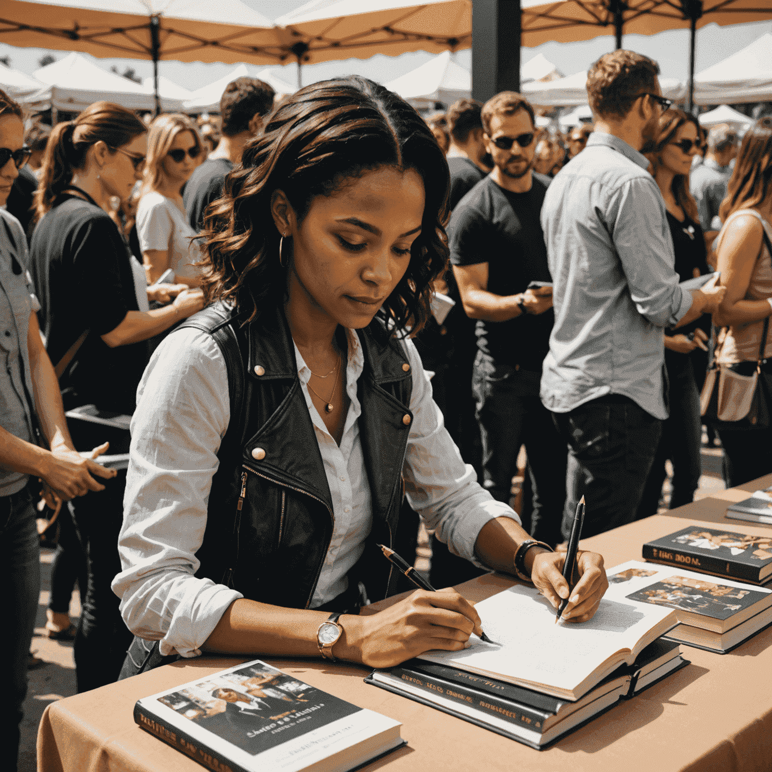 Imagem de Simone Tebet autografando livros para fãs em um evento lotado